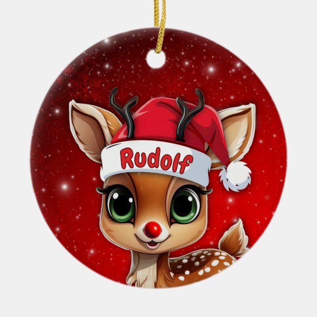 Rudolf Baby Deer, Fawn, Doe, Reindeer🦌 🎄 Julgransprydnad Keramik (Framsidan)