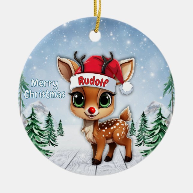 Rudolf Baby Deer, Fawn, Doe, Reindeer 🦌🎄 Julgransprydnad Keramik (Framsidan)