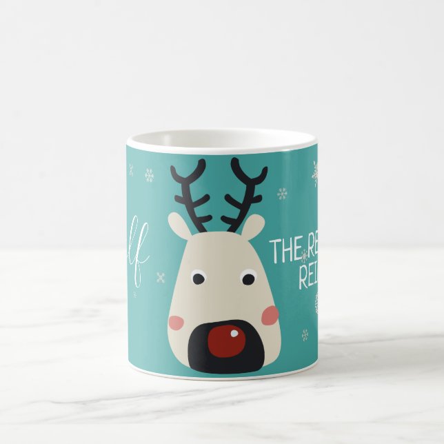 Rudolf, rödnosad renblått med snöflingor kaffemugg (Center)