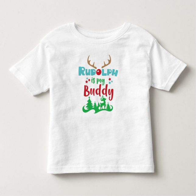 Rudolph är min Buddy, Reindeer, Antlers, jul T Shirt (Framsida)