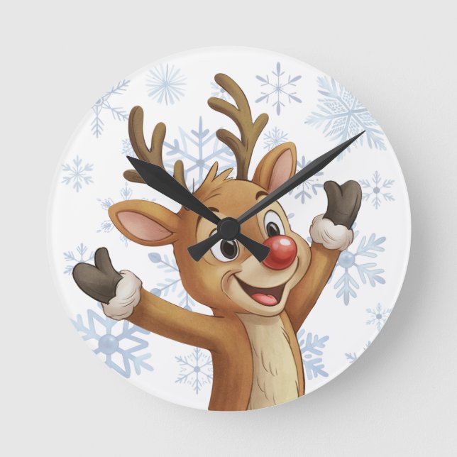 Rudolph med blå snöflingor  rund klocka (Framsida)