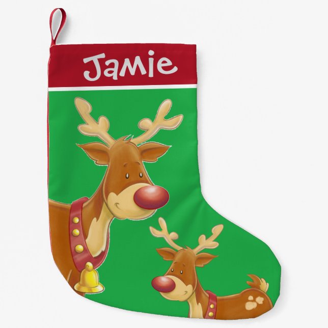 Rudolph och Baby Cute Grönt Personlig Liten Julstrumpa (Framsidan)