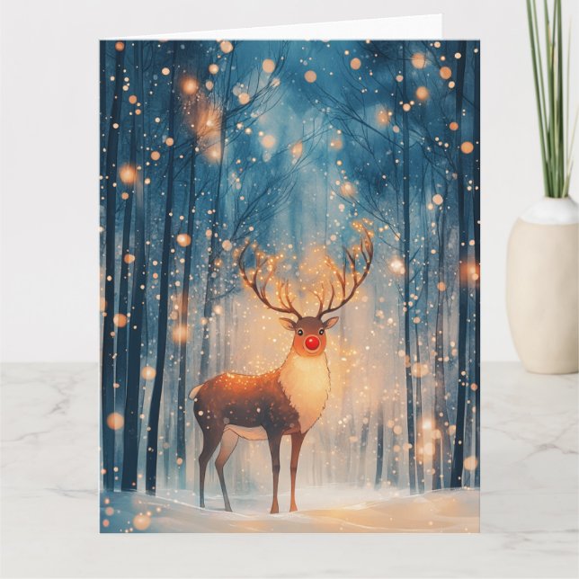 Rudolph Ren i snöig skog jul Kort (Framsida)