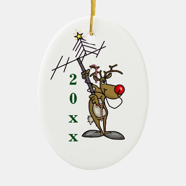 Rudolph som driver antennen med näsprydnaden julgransprydnad keramik (Framsidan)