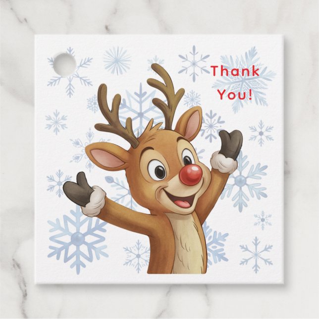 Rudolph with Blue Snowflakes Thank You Gåvor Etiketter (Framsida)