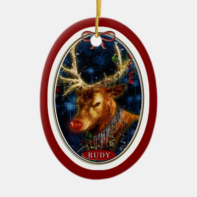 Rudy Reindeer Digital Art Red Julgransprydnad Keramik (Framsidan)