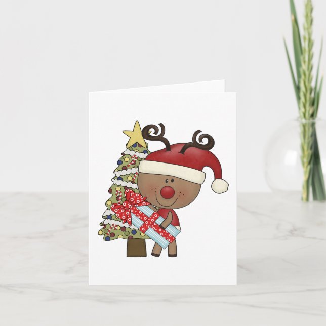 Rudy Reindeer Helgdag Träd Helgkort (Framsida)