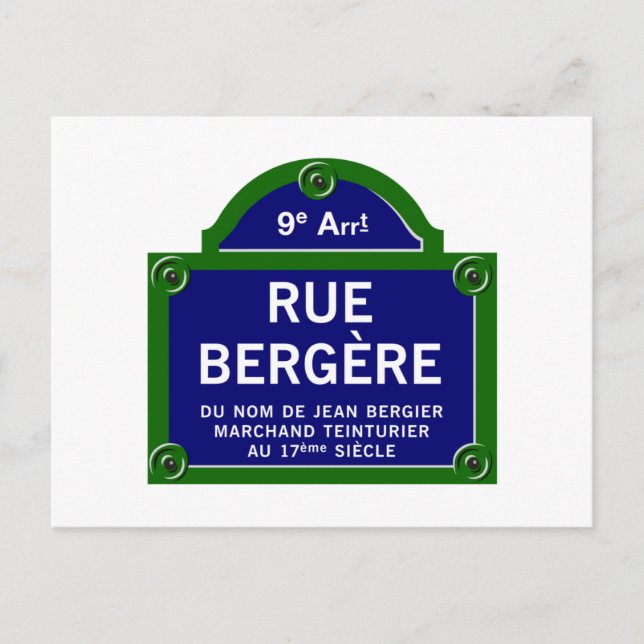 Rue Bergere, Paris Street Sign Vykort (Framsida)