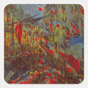 Rue Montorgueil med flaggor av Claude Monet Fyrkantigt Klistermärke