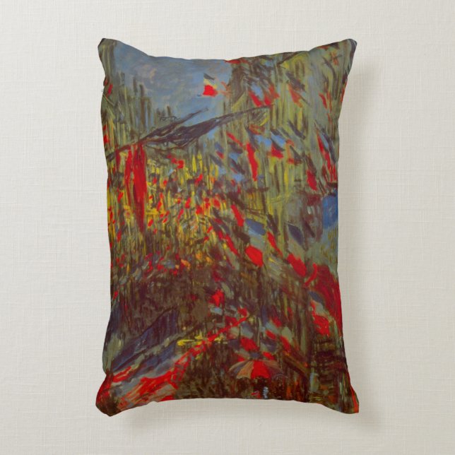 Rue Montorgueil med Flaggor av Claude Monet Prydnadskudde (Framsidan(Vertikal))