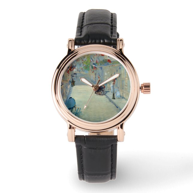 Rue Mosnier med Flaggor Manet Painting Watch Armbandsur (Framsida)