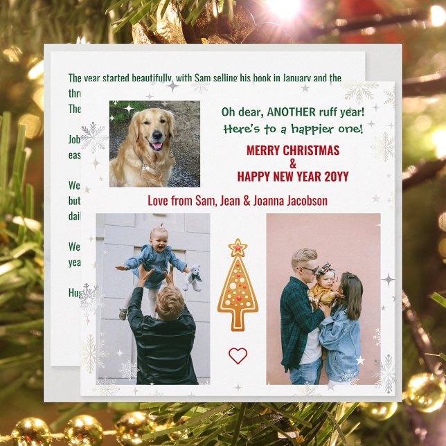 Ruff Year Funny Pet Hund Julafton Träd Brev Foton  Julkort (Funny Dog Oh Dear Another Ruff Year 3 Photos Merry Christmas Happy New Year Cute Elegant Xmas Tree)
