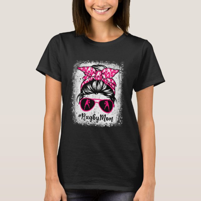 Rugby Mom Leopard Messy Bun Sport  Mother's Day T Shirt (Framsida)