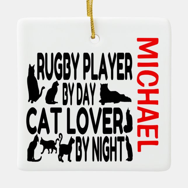 Rugby Player Kärlek Cats ANPASSNINGSBAR Julgransprydnad Keramik (Framsida)
