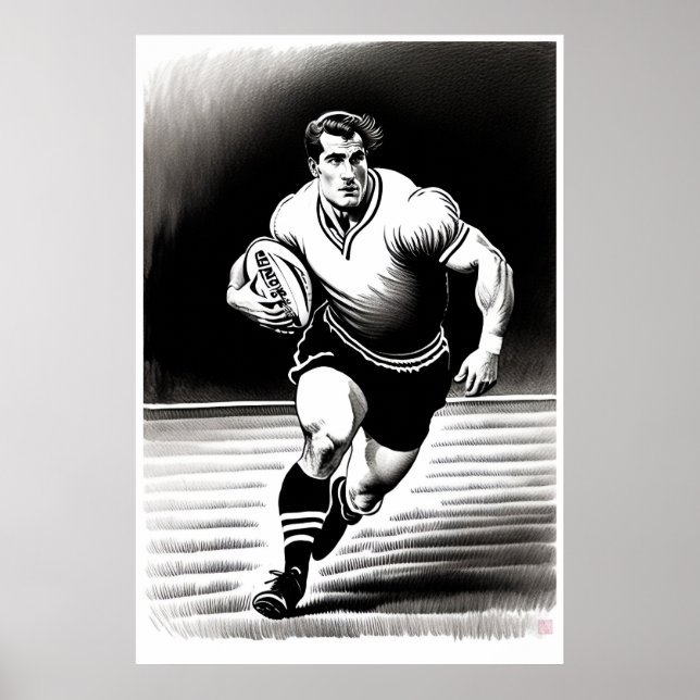 Rugby Player Teckning - Art Print Poster (Framsidan)