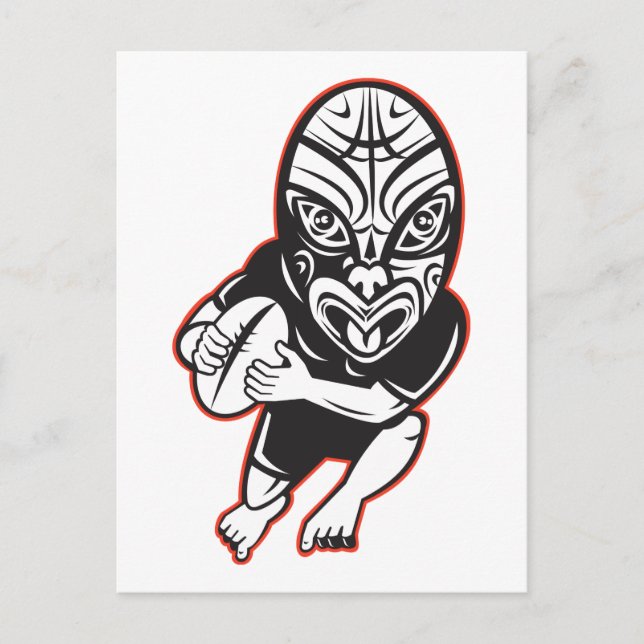 Rugby-spelare som kör med Maori-mask Vykort (Framsida)