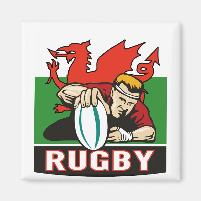 Rugby-spelarscoring try wales flagga magnet (Framsidan)