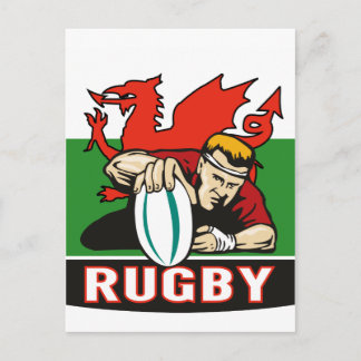 Rugby-spelarscoring try wales flagga vykort
