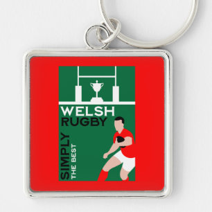 Rugby Wales Fläkt Art Fyrkantig Silverfärgad Nyckelring