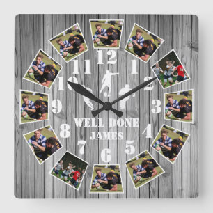 Rugby Wooden Effect Personalize Photo Collage Larg Fyrkantig Klocka