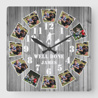 Rugby Wooden Effect Personalize Photo Collage Larg Fyrkantig Klocka