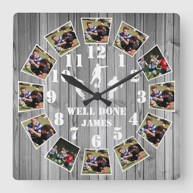Rugby Wooden Effect Personalize Photo Collage Larg Fyrkantig Klocka (Framsida)