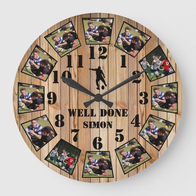 Rugby Wooden Effect Personalize Photo Collage Larg Stor Klocka (Framsida)