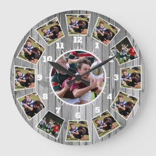 Rugby Wooden Effect Personalize Photo Collage Stor Klocka