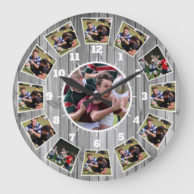 Rugby Wooden Effect Personalize Photo Collage Stor Klocka (Framsida)