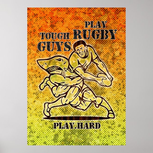 rugbyspelare med boll-attack från haj poster (Framsidan)