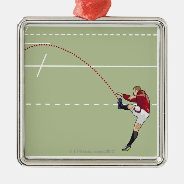 Rugbyspelare som sparkar boll in i handlag som julgransprydnad metall (Framsidan)