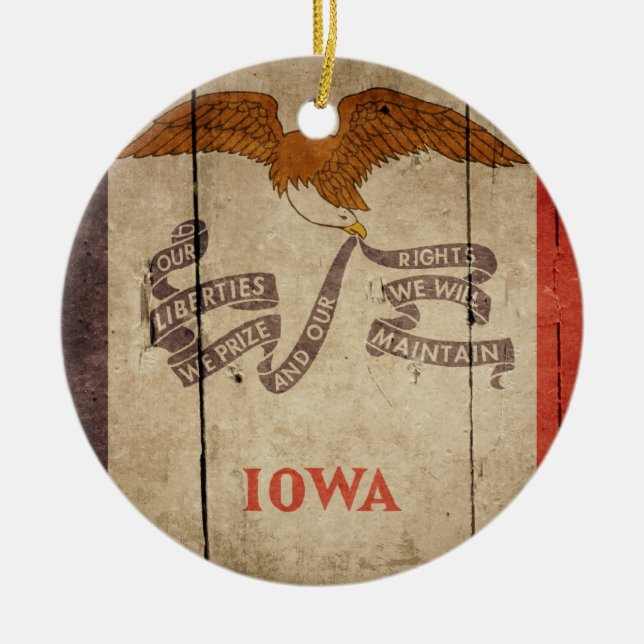 Ruged Wood Iowa Flagga Julgransprydnad Keramik (Framsidan)