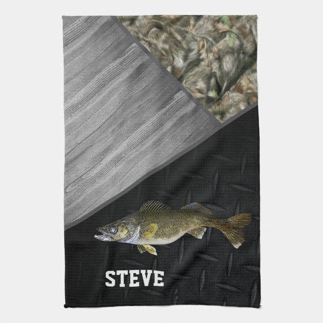 Ruggad Walleye Fishing Camo Namn Manar Coola Kökshandduk (Vertikal)