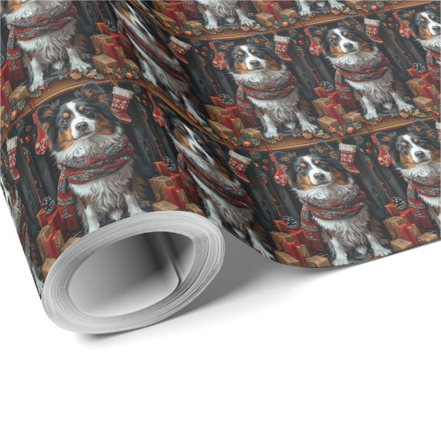Ruhig Collie Hund Med Julklappar Öppen Spis Presentpapper (Rulle Hörn)