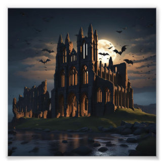 Ruins of Whitby Abbey med Fladdermus i natt Fototryck