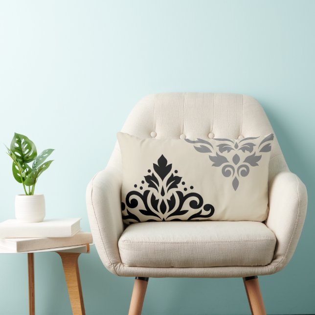 Rulla Damask Art I Black Grått Cream Lumbarkudde (Stol)