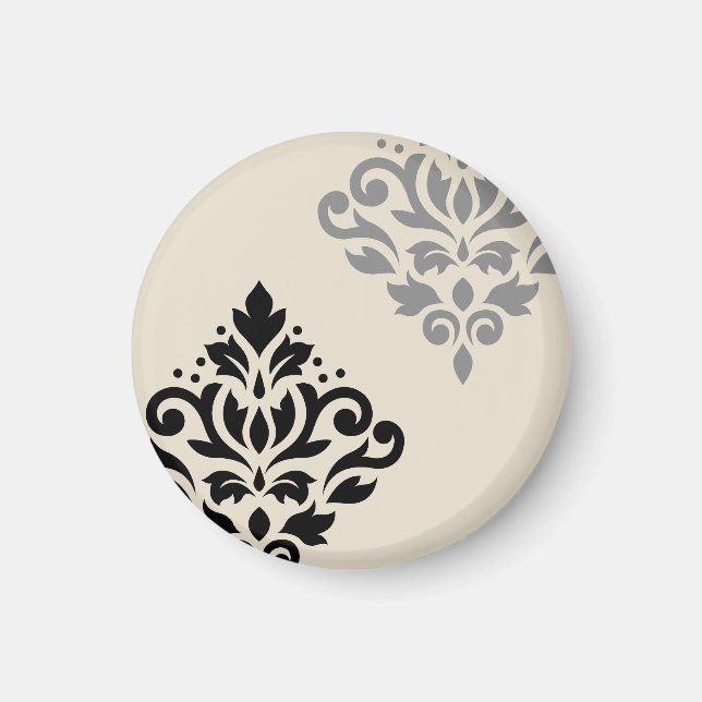 Rulla Damask Art I Black Grått Cream Magnet (Framsidan)