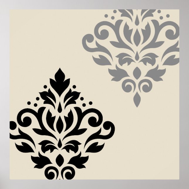 Rulla Damask Art I Black Grått Cream Poster (Framsidan)