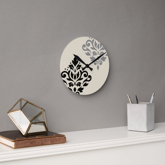 Rulla Damask Art I Black Grått Cream Rund Klocka (Kontor)
