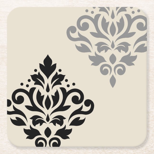 Rulla Damask Art I Black Grått Cream Underlägg Papper Kvadrat (Framsidan)