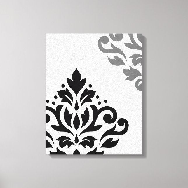 Rulla Damask Art I Black & Grått på White Canvastryck (Framsida)