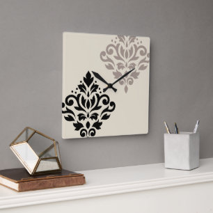 Rulla Damask Art I Black Taupe Cream Fyrkantig Klocka