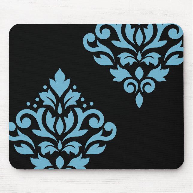 Rulla Damask Art I Blue på Black Musmatta (Framsidan)