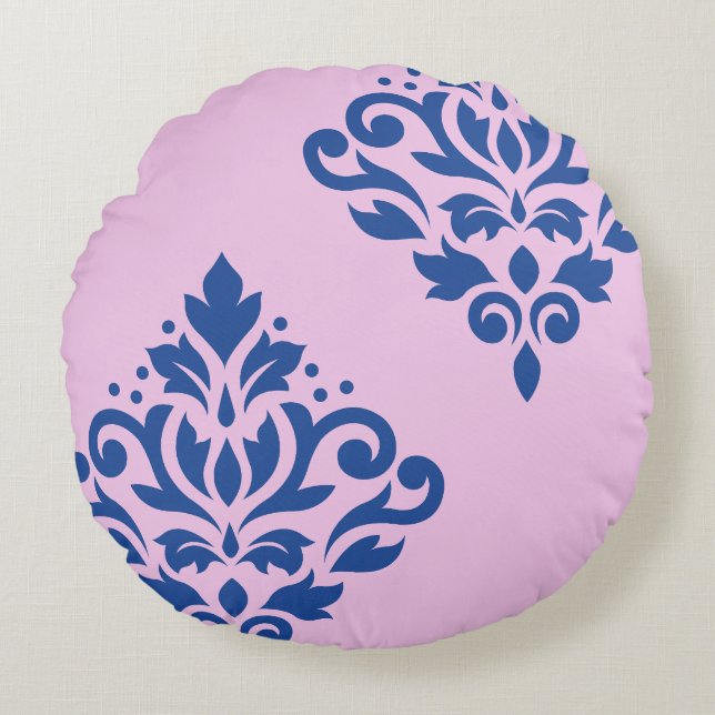 Rulla Damask Art I Blue på Rosa Rund Kudde (Framsidan)