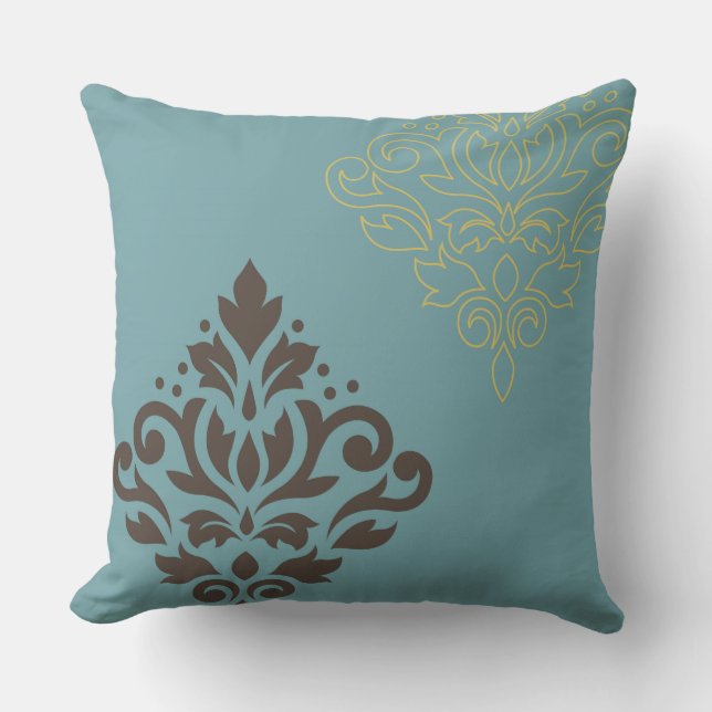 Rulla Damask Art I Brown Guld (line) Teal Kudde (Framsida)