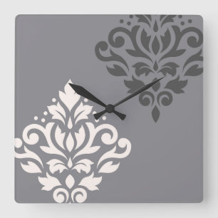 Rulla Damask Art I Cream & Grays Fyrkantig Klocka