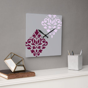 Rulla Damask Art I Grått för Rosa av plommon Fyrkantig Klocka