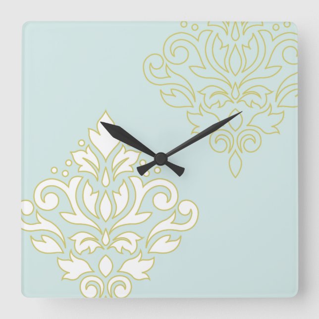 Rulla Damask Art I (kontur) Wt Lt Teal Fyrkantig Klocka (Framsida)