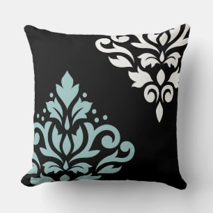 Rulla Damask Art I LT Teal & WT på Blk Kudde