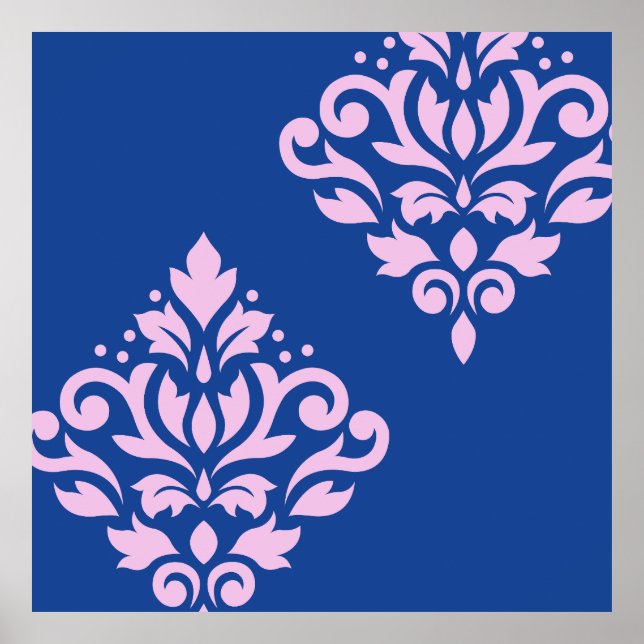 Rulla Damask Art I Rosa på Blue Poster (Framsidan)